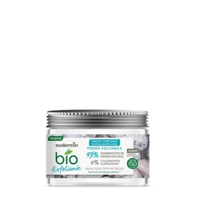 Frasco de creme corporal esfoliante Eudermin Bio com rótulo branco e tampa metálica