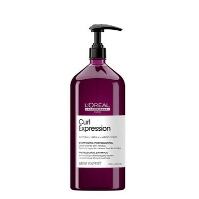 Garrafa roxa de champô L'Oréal Curl Expression com doseador preto