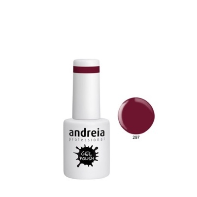 Frasco de verniz gel Andreia Professional branco com tampa e faixa vermelha, círculo de cor 297 ao lado