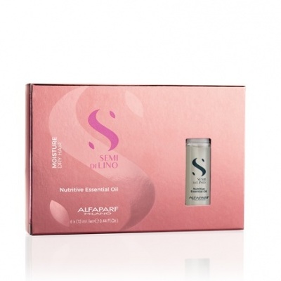 Caixa rosa de óleo essencial nutritivo Semi di Lino para cabelo seco com 6 frascos, marca ALFAPARF.