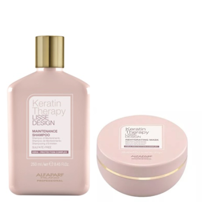 Champô e máscara hidratante Keratin Therapy Lisse Design Alfaparf em embalagens rosas e douradas