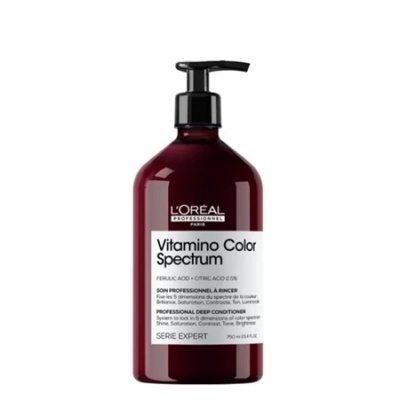 Frasco plástico vermelho escuro com bomba preta de condicionador L'Oreal Vitamino Color Spectrum
