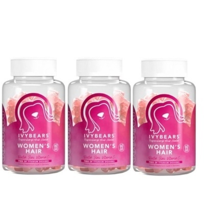Três frascos de vitaminas em gomas IVYBEARS Women's Hair com etiqueta rosa e tampa branca