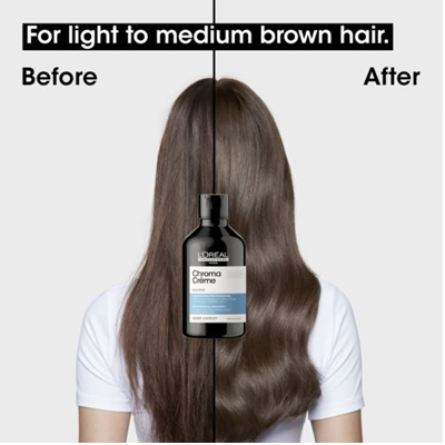 Antes e depois de cabelos castanhos claros e médios tratados com L'Oréal Chroma Crème.
