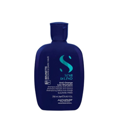 Frasco azul escuro de shampoo Semi di Lino Anti-Orange Low Shampoo para cabelos castanhos e escuros