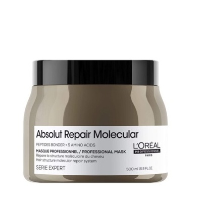 Frasco de máscara capilar Absolut Repair Molecular da L'Oréal com tampa preta