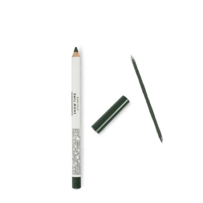 Lápis para olhos branco com ponta preta e tampa preta com texto, traço preto feito com o lápis