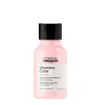 Frasco pequeno rosa de shampoo profissional L'Oréal Vitamino Color com tampa preta