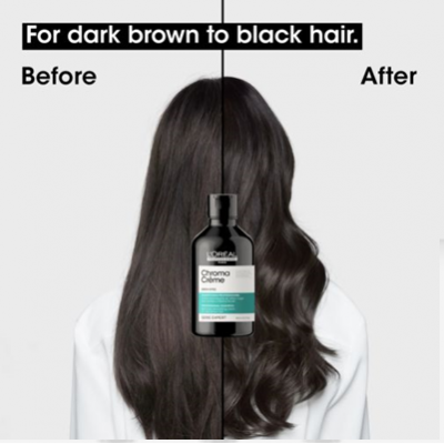 Cabelo castanho escuro a preto dividido ao meio com frasco do produto L'Oreal Chroma Creme