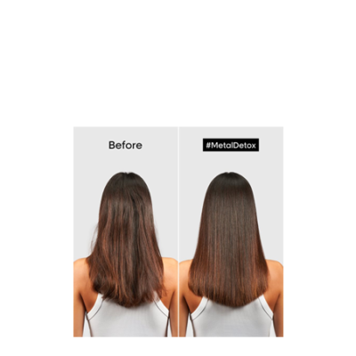 Antes e depois de tratamento capilar #MetalDetox, cabelo castanho liso