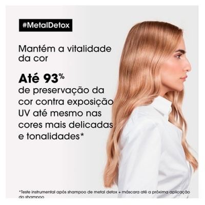 Mulher de perfil com cabelo loiro longo liso e camisa branca, texto sobre preservação da cor do cabelo