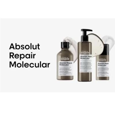 Produtos LOréal Absolut Repair Molecular em embalagens cinzentas com textos em rótulo branco