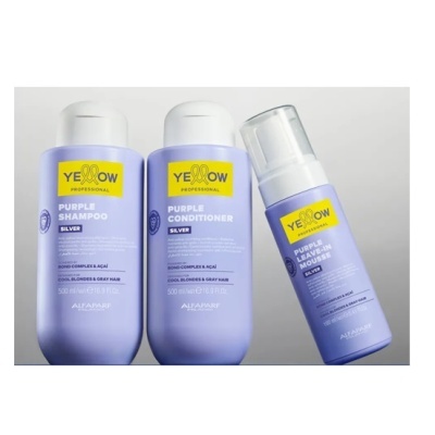 Três produtos de cuidado capilar YEOW PROFESSIONAL em recipientes roxos com rótulos amarelos.