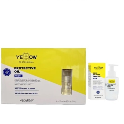 Conjunto de óleo protetor Yellow Professional com embalagem amarela e branca e frasco branco com doseador