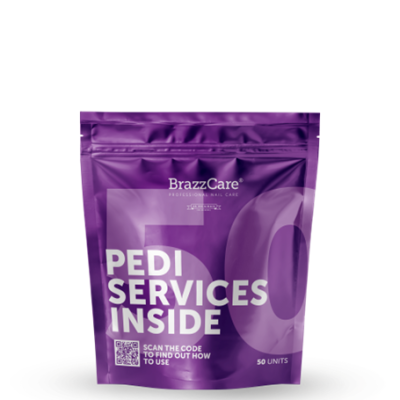 Embalagem roxa do produto BrazzCare com texto branco e código QR.