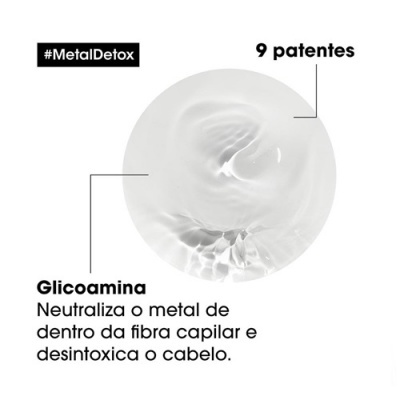 Gel branco com textura suave e textos explicativos sobre propriedades de Glicoamina e MetalDetox