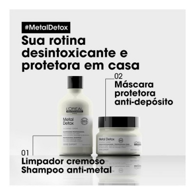 Produtos Metal Detox L'Oréal em fundo branco, shampoo anti-metal e máscara protetora anti-depósito