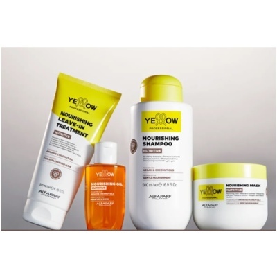 Produtos Yellow Professional para cabelo em embalagens amarelas, brancas e laranja