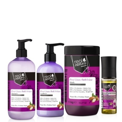Conjunto de produtos capilares Real Natura Pro-Lisos Anti Frizz em embalagens roxas e pretas