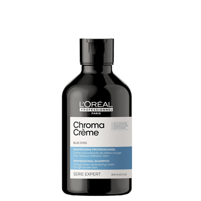Garrafa preta com rótulo branco e azul do champô L'Oréal Chroma Crème Blue Dyes