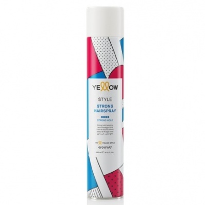 Spray de cabelo Yellow Style Strong Hairspray com tampa branca e design colorido.