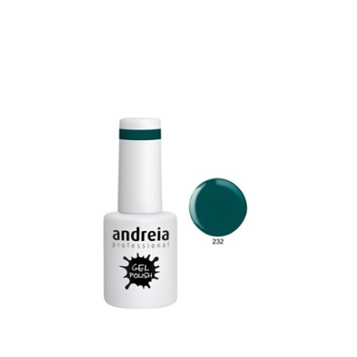 Frasco de verniz gel branco com etiqueta e tampa com faixa verde escura e amostra de cor 232