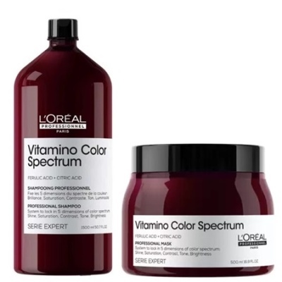 Produtos L'Oréal Professionnel Vitamino Color Spectrum, shampoo e máscara, embalagens em tons bordô com rótulos brancos.
