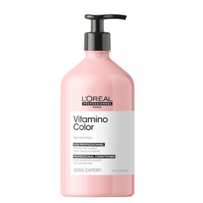 Frasco rosa de condicionador L'Oréal Vitamino Color com dispensador preto