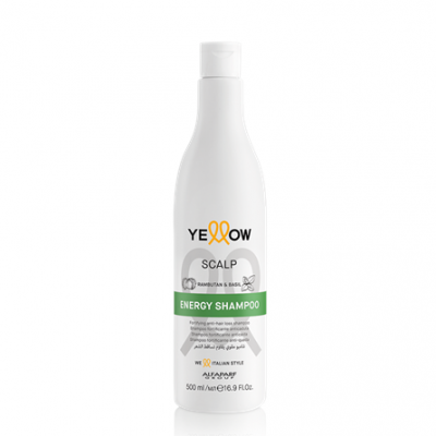 Frasco branco de Yellow Scalp Energy Shampoo 500 ml com tampa branca