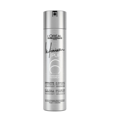 Frasco spray L'Oréal Infinium Pure prateado com texto preto e branco, número 6 em destaque