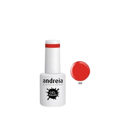 Frasco branco de verniz gel andreia professional com tampa branca e faixa vermelha, círculo vermelho nº 268