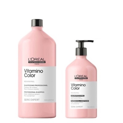 Produtos L'Oréal Professionnel Vitamino Color Série Expert em embalagens rosa com rótulos brancos
