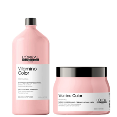 Produtos L'Oréal Vitamino Color em embalagens rosa com tampa preta.