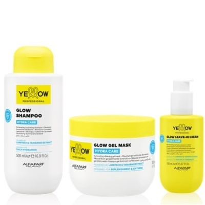 Kit de shampoo, máscara gel e creme leave-in da Yellow Professional em embalagens branco e amarelo