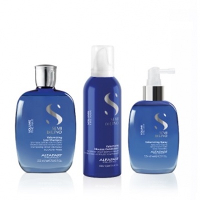 Três produtos de cabelo Alfaparf embalagem azul e detalhes prateados