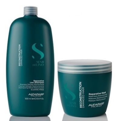 Produtos Semi Di Lino Alfaparf Reparative Low Shampoo e Reparative Mask em embalagens verdes escuras