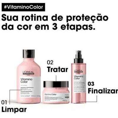 Três produtos L'Oréal Vitamino Color em frascos cor-de-rosa, indicados para três etapas de cuidado capilar.