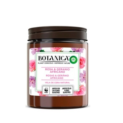 Frasco castanho com vela de cera natural BOTANICA Rosa & Gerânio Africano