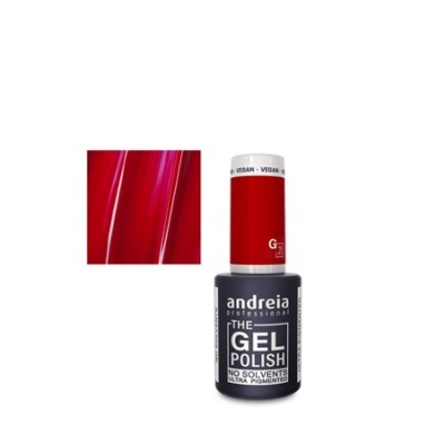 Frasco de verniz de gel Andreia Professional The Gel Polish com tampa vermelha e amostra de cor vermelha