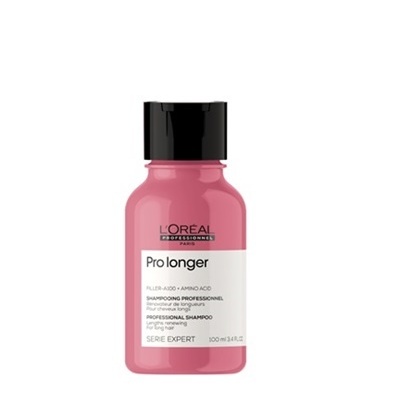 Frasco rosa de champô L'Oréal Pro Longer com tampa preta e rótulo branco