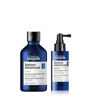 Conjunto de champô e sérum L'Oréal Serioxyl Advanced em frascos azuis escuros com rótulos brancos