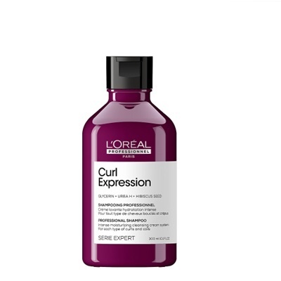 Frasco roxo de champô L'Oréal Curl Expression com tampa preta e etiqueta branca