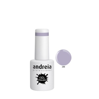 Frasco branco de verniz gel Andreia professional com tampa e faixa lilás cor 288