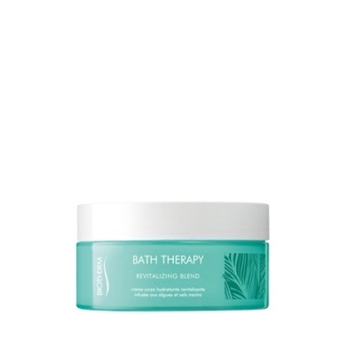 Frasco azul turquesa com tampa branca de creme corporal Bath Therapy