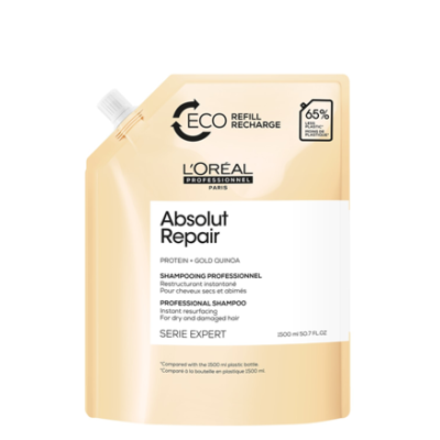 Refil de champô Absolut Repair L'Oréal amarelo claro com texto em preto e branco