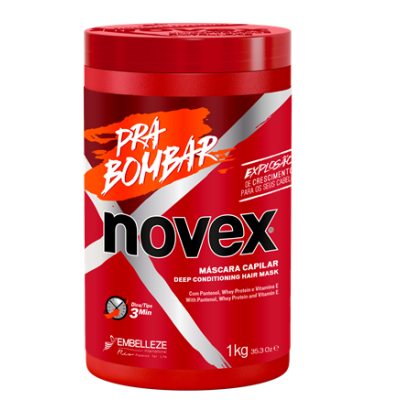 Recipiente vermelho de máscara capilar Novex Pra Bombar com texto branco e preto