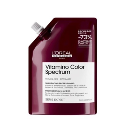 Recarga de champô profissional L'Oréal Vitamino Color Spectrum em saco vinho com etiqueta branca.