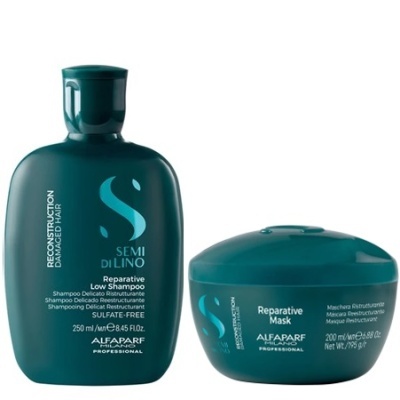 Shampoo e máscara capilar Alfaparf Semi Di Lino Reparative em embalagens verdes escuras.