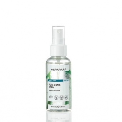 Spray transparente ALFAPARF PURE & CARE 100 ml com tampa branca e rótulo verde