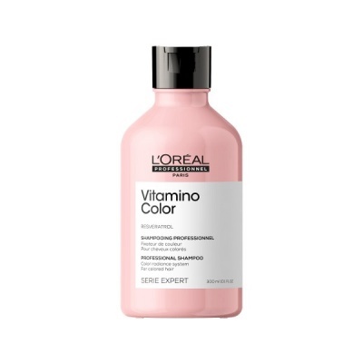Frasco rosa de shampoo L'Oréal Professionnel Vitamino Color com tampa preta